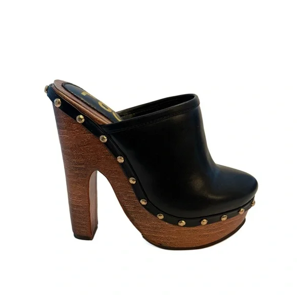 FSJ Black Studded Platform Mules with Wooden Heel NWT - Picture 4 of 10